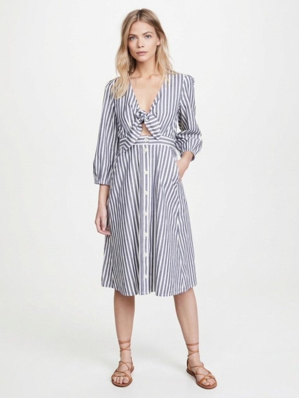 Madewell Shimmer Stripe Cutout Midi Dress Size 2 Blue White Cotton